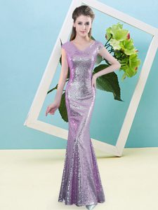 Charming Floor Length Lilac Dress for Prom V-neck Cap Sleeves Zipper