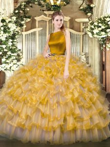 Smart Gold Organza Clasp Handle Quinceanera Dresses Sleeveless Floor Length Ruffled Layers