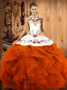 Suitable Orange Red Halter Top Neckline Embroidery and Ruffles Quince Ball Gowns Sleeveless Lace Up