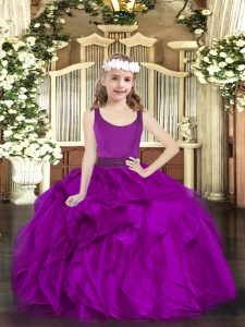 Custom Designed Sleeveless Organza Floor Length Zipper Little Girl Pageant Dress in Fuchsia with Beading and Ruffles