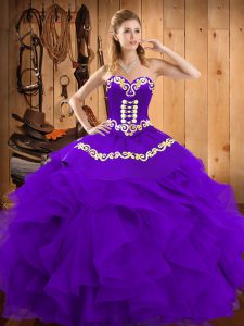 Sweet Floor Length Purple Vestidos de Quinceanera Satin and Organza Sleeveless Embroidery and Ruffles