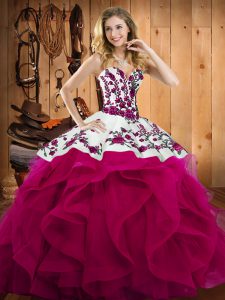 Custom Design Fuchsia Sweetheart Neckline Embroidery Quinceanera Gowns Sleeveless Lace Up