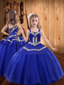 Hot Sale Floor Length Royal Blue Little Girl Pageant Gowns Straps Sleeveless Lace Up