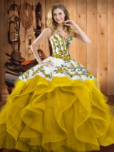 Yellow Satin and Organza Lace Up Sweetheart Sleeveless Floor Length Quinceanera Gown Embroidery and Ruffles