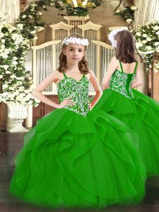 Green Tulle Lace Up Straps Sleeveless Floor Length Pageant Dress Womens Beading and Ruffles