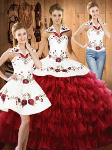 Excellent Wine Red Lace Up Vestidos de Quinceanera Embroidery and Ruffled Layers Sleeveless Floor Length