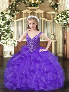 Affordable Sleeveless Organza Floor Length Lace Up Little Girls Pageant Dress in Lavender with Beading and Ruffles