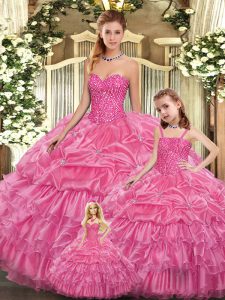 Rose Pink Sleeveless Beading and Ruffled Layers Floor Length Quinceanera Gown