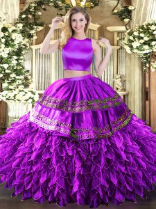 Eggplant Purple Sleeveless Floor Length Ruffles and Sequins Criss Cross Sweet 16 Quinceanera Dress