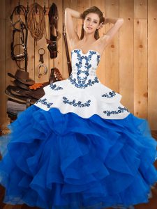 Best Selling Satin and Organza Strapless Sleeveless Lace Up Embroidery and Ruffles Sweet 16 Dresses in Blue