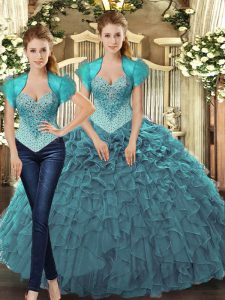 High Class Sleeveless Tulle Floor Length Lace Up Sweet 16 Dresses in Teal with Beading and Ruffles