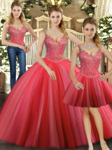 Elegant Tulle Straps Sleeveless Lace Up Beading Sweet 16 Quinceanera Dress in Coral Red