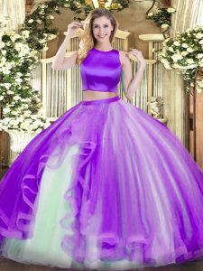 Sleeveless Tulle Floor Length Criss Cross Quince Ball Gowns in Purple with Ruffles
