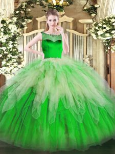Green Zipper Scoop Beading and Ruffles 15th Birthday Dress Organza Sleeveless
