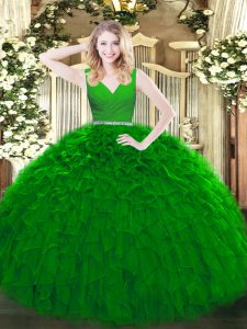 Green Tulle Zipper Sweet 16 Dresses Sleeveless Floor Length Beading and Ruffles