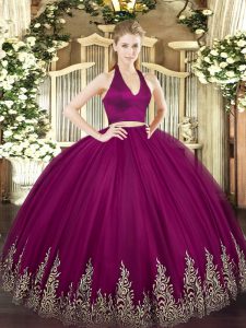 Great Floor Length Zipper Quinceanera Gowns Fuchsia for Military Ball and Sweet 16 and Quinceanera with Appliques