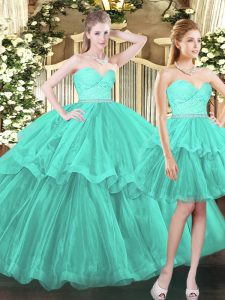 Aqua Blue Tulle Lace Up Sweetheart Sleeveless Floor Length Quinceanera Gowns Ruffled Layers