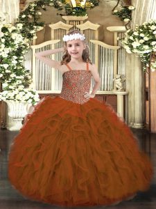 Fantastic Rust Red Ball Gowns Tulle Straps Sleeveless Beading and Ruffles Floor Length Lace Up Little Girls Pageant Dress