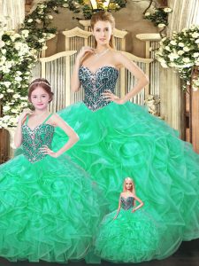Stunning Green Ball Gowns Sweetheart Sleeveless Organza Floor Length Lace Up Ruffles 15th Birthday Dress