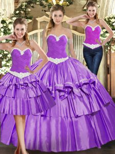 Edgy Eggplant Purple Ball Gowns Organza Sweetheart Sleeveless Appliques and Ruffled Layers Floor Length Lace Up Quince Ball Gowns