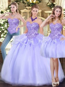 Elegant Lavender Three Pieces Appliques and Ruffles Quince Ball Gowns Zipper Organza Sleeveless Floor Length