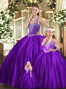 Floor Length Purple Quinceanera Gowns Organza Sleeveless Beading