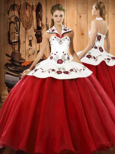 Romantic Floor Length Wine Red Sweet 16 Dress Satin and Tulle Sleeveless Embroidery