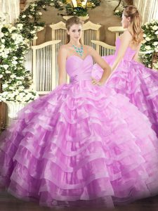 Colorful Lilac Ball Gowns Sweetheart Sleeveless Organza Floor Length Lace Up Beading and Ruffled Layers Quinceanera Dress
