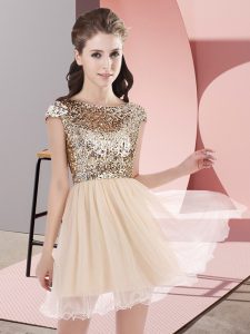 Stunning Champagne A-line Tulle Scoop Cap Sleeves Sequins Mini Length Zipper Quinceanera Dama Dress