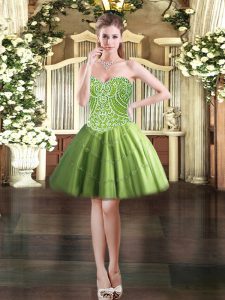 Customized Mini Length Olive Green Prom Gown Sweetheart Sleeveless Lace Up