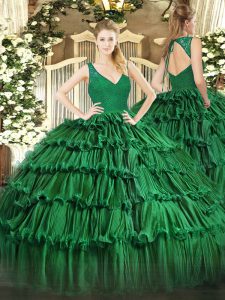 Romantic Dark Green Sleeveless Organza Backless Quinceanera Dress for Military Ball and Sweet 16 and Quinceanera
