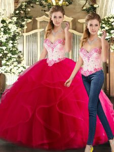 Beading and Ruffles Quinceanera Dress Hot Pink Lace Up Sleeveless Floor Length