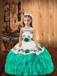 Latest Embroidery and Ruffles Kids Pageant Dress Aqua Blue Lace Up Sleeveless Floor Length