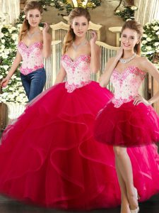 Organza Sweetheart Sleeveless Lace Up Beading and Ruffles Sweet 16 Dresses in Hot Pink