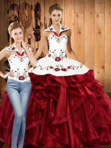 Fashionable Wine Red Halter Top Neckline Embroidery and Ruffles Sweet 16 Quinceanera Dress Sleeveless Lace Up