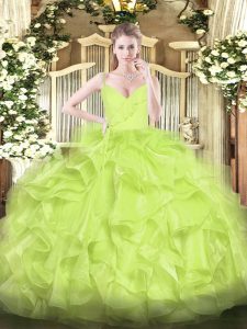 Free and Easy Yellow Green Ball Gowns Spaghetti Straps Sleeveless Organza Floor Length Zipper Ruffles Quinceanera Gowns