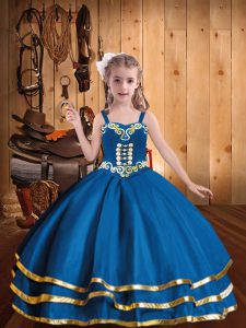 Amazing Blue Straps Neckline Embroidery and Ruffled Layers Little Girl Pageant Gowns Sleeveless Lace Up