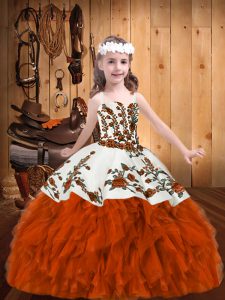 Great Rust Red Ball Gowns Straps Sleeveless Organza Floor Length Lace Up Beading and Embroidery Pageant Dress