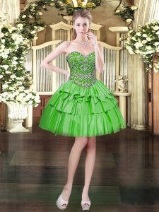 Attractive Green Satin and Organza Lace Up Sweetheart Sleeveless Mini Length Dress for Prom Beading and Ruffled Layers
