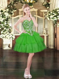 Captivating Sleeveless Mini Length Beading and Ruffled Layers Lace Up Prom Gown with Green