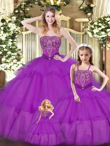 Superior Organza Sweetheart Sleeveless Lace Up Ruffled Layers Sweet 16 Dress in Purple