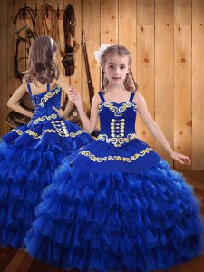 Unique Royal Blue Sleeveless Embroidery and Ruffled Layers Floor Length Little Girl Pageant Dress