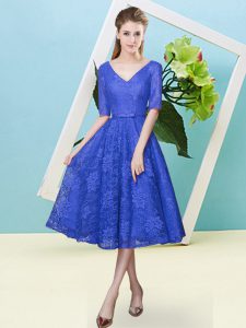 Great Half Sleeves Lace Up Tea Length Bowknot Bridesmaid Gown