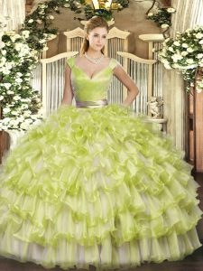 High Quality Sleeveless Floor Length Ruffled Layers Zipper Quinceanera Gown with Yellow Green