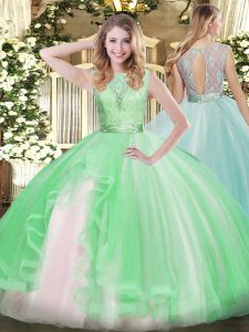 Apple Green Ball Gowns Scoop Sleeveless Organza Floor Length Backless Lace and Ruffles Quinceanera Gowns