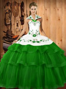 Eye-catching Green Organza Lace Up Sweet 16 Quinceanera Dress Sleeveless Sweep Train Embroidery and Ruffled Layers