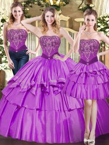 Hot Sale Eggplant Purple Sleeveless Beading and Ruffled Layers Floor Length 15th Birthday Dress