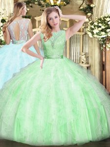 Fashion Sleeveless Organza Floor Length Backless Sweet 16 Dresses in Apple Green with Lace and Ruffles