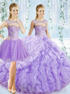 Fashionable Organza Sleeveless Quince Ball Gowns Brush Train and Beading and Ruching and Pick Ups