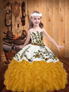 Straps Sleeveless Winning Pageant Gowns Floor Length Embroidery and Ruffles Gold Organza